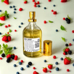 Elegant glass bottle of mixed berry perfume with vibrant notes of fresh strawberries, blueberries, raspberries, and blackberries, exuding a fruity and refreshing aroma, perfect for daily wear