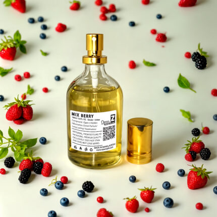 Elegant glass bottle of mixed berry perfume with vibrant notes of fresh strawberries, blueberries, raspberries, and blackberries, exuding a fruity and refreshing aroma, perfect for daily wear