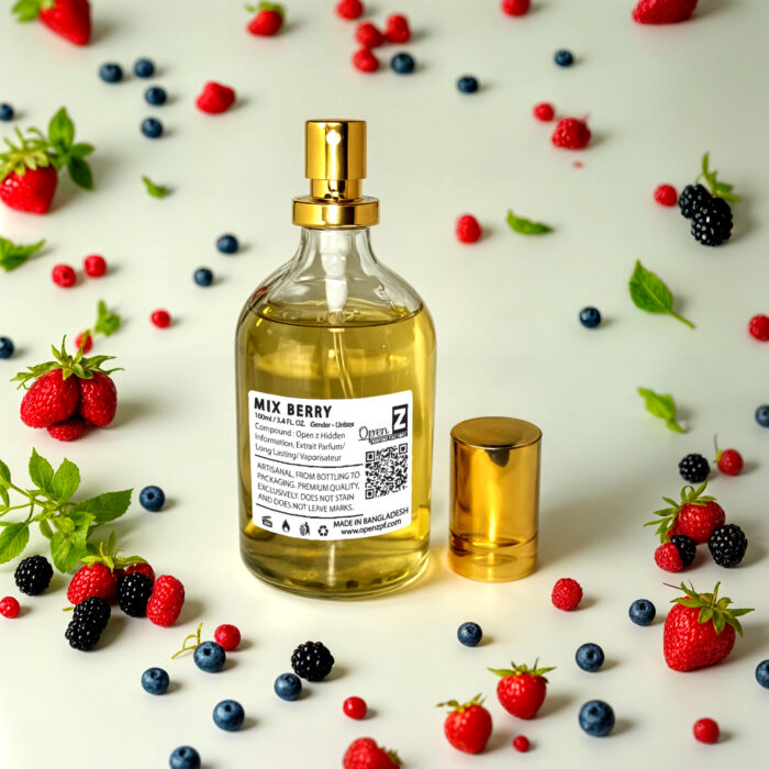 Elegant glass bottle of mixed berry perfume with vibrant notes of fresh strawberries, blueberries, raspberries, and blackberries, exuding a fruity and refreshing aroma, perfect for daily wear
